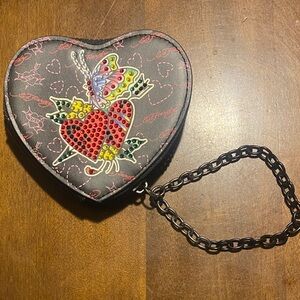 Ed Hardy Heart-Shaped Black Clutch with Butterfly and Heart Design